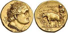 Greek PTOLEMAIC KINGS OF EGYPT. Ptolemy I Soter, 305-282 BC. Stater (Gold, 17 mm, 7.15 g, 12 h), struck under Magas of Kyrene, c. 300-282, Hippokrates, circa 299-294. Diademed head of Ptolemy I to rig