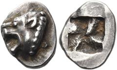 The Jonathan H. Kagan Collection of Ancient Greek Coins GAUL, Massalia. 490/485-470 BC. Hemiobol (Silver, 9 mm, 0.52 g), Milesian standard, 'Auriol'. Lion's head to left, with open jaws. Rev. Irregula