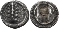The Jonathan H. Kagan Collection of Ancient Greek Coins LUCANIA. Metapontum. Circa 470-440 BC. Triobol (Silver, 13 mm, 1.20 g, 12 h). ΜΕΤΑ (on the right, inwards and upwards) / ΜΕΤ (retrograde on the 