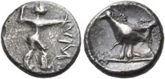 The Jonathan H. Kagan Collection of Ancient Greek Coins LUCANIA. Sybaris III. 453-448 BC. Triobol (Silver, 10 mm, 0.98 g, 6 h). MV (retrograde) Poseidon advancing to right, brandishing his trident wit