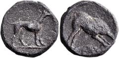 The Jonathan H. Kagan Collection of Ancient Greek Coins WESTERN GREEK, POSSIBLY SICILY. 4th - 3rd century BCE. Tessera (Lead, 15 mm, 3.98 g, 2 h). Hound standing to right. Rev. Boar at bay to right. T