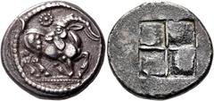 The Jonathan H. Kagan Collection of Ancient Greek Coins THRACO-MACEDONIAN TRIBES, Mygdones or Krestones. Circa 490-485 BC. Stater (Silver, 22 mm, 9.34 g). Goat kneeling right, head turned back to left