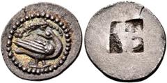 The Jonathan H. Kagan Collection of Ancient Greek Coins MACEDON. Eion. Circa 460-400 BC. Trihemiobol (Silver, 12 mm, 0.94 g). Goose standing to right, head turned back to left; above, lizard to left. 