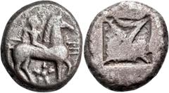 The Jonathan H. Kagan Collection of Ancient Greek Coins MACEDON. Potidaia. Circa 500-480 BC. Tetradrachm (Silver, 24 mm, 16.72 g). Poseidon Hippios, nude, riding horse walking to right, holding triden