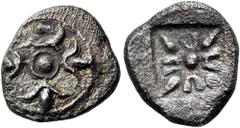 The Jonathan H. Kagan Collection of Ancient Greek Coins MACEDON. "Stagira". Circa 520-489 BC. Diobol (Silver, 11.5 mm, 1.16 g), from the "Roses of Pangaeum" series. Large pellet within circle with hor