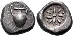 The Jonathan H. Kagan Collection of Ancient Greek Coins KORKYRA. Korkyra. Circa 480-450 BC. Triobol (Silver, 12 mm, 2.72 g). Volute krater with tall handles. Rev. Eight-rayed star with eight pellets b