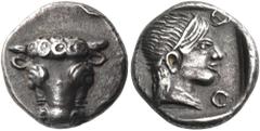 The Jonathan H. Kagan Collection of Ancient Greek Coins PHOKIS, Federal Coinage. Circa 478-460 BC. Triobol (Silver, 13 mm, 2.82 g, 6 h). Bull's head facing. Rev. Φ-O-[K-I] Head of Artemis to right, we