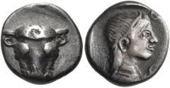 The Jonathan H. Kagan Collection of Ancient Greek Coins PHOKIS, Federal Coinage. Circa 478-460 BC. Triobol (Silver, 12.5 mm, 2.65 g, 12 h). Bull's head facing. Rev. Φ-O-[K-I] Head of Artemis to right,