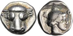 The Jonathan H. Kagan Collection of Ancient Greek Coins PHOKIS, Federal Coinage. Circa 449-447 BC. Triobol (Silver, 13 mm, 2.97 g, 6 h). Bull's head facing. Rev. Φ-O-[K-I] Head of Artemis to right, he