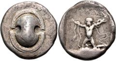 The Jonathan H. Kagan Collection of Ancient Greek Coins BOEOTIA. Thebes. Circa 440-425 BC. Stater (Silver, 24 mm, 11.10 g). Boeotian shield. Rev. [ΘEBAION] Infant Herakles kneeling facing, his head tu