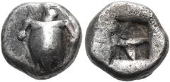 The Jonathan H. Kagan Collection of Ancient Greek Coins ISLANDS OFF ATTICA, Aegina. Circa 535/0-525/0 BC. Obol (Silver, 8 mm, 0.93 g). Sea turtle with "boxer arms", head in profile. Rev. Quadripartite