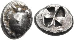 The Jonathan H. Kagan Collection of Ancient Greek Coins ISLANDS OFF ATTICA, Aegina. Circa 525-475 BC. Obol (Silver, 9 mm, 0.97 g). Sea turtle. Rev. Quadripartite incuse square punch of mill-sail desig