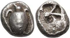 The Jonathan H. Kagan Collection of Ancient Greek Coins ISLANDS OFF ATTICA, Aegina. Circa 510-490 BC. Obol (Silver, 8 mm, 0.91 g). Sea turtle, head in profile. Rev. Incuse square punch recut from a 'U