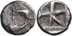 The Jonathan H. Kagan Collection of Ancient Greek Coins ISLANDS OFF ATTICA, Aegina. Circa 456/45-431 BC. Diobol (Silver, 12 mm, 1.78 g). Two dolphins swimming clockwise. Rev. Incuse square with a larg