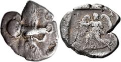 The Jonathan H. Kagan Collection of Ancient Greek Coins ELIS. Olympia. Circa 450-430 BC. Stater (Silver, 27 mm, 11.34 g, 10 h). Eagle flying right with his wings above and below his body, grasping coi