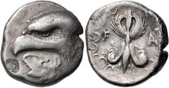The Jonathan H. Kagan Collection of Ancient Greek Coins ELIS. Olympia. 93rd Olympiad, 408 BC. Stater (Silver, 23 mm, 11.89 g, 6 h), unsigned but by Da.... Head of eagle to left; below, white poplar le