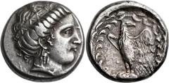 The Jonathan H. Kagan Collection of Ancient Greek Coins ELIS. Olympia. 112th Olympiad, 332 BC. Stater (Silver, 21.5 mm, 12.06 g, 8 h). Head of Hera to right, wearing a stephane inscribed FAΛΕΙΩΝ, a tr