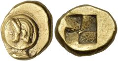 The Jonathan H. Kagan Collection of Ancient Greek Coins MYSIA. Kyzikos. Circa 550-450 BC. Hemihekte (Electrum, 9.5 mm, 1.30 g). Head of a youthful male (ephebe) to left on a raised disc; below, tunny 