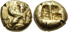 The Jonathan H. Kagan Collection of Ancient Greek Coins IONIA. Uncertain mint. Circa 600-550 BC. Trite (Electrum, 12 mm, 4.15 g), uncertain standard. Sphinx with curved wing seated to right; in the fi