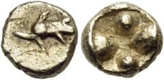 The Jonathan H. Kagan Collection of Ancient Greek Coins IONIA. Uncertain mint. Circa 600-550 BC. 1/24 Stater (Electrum, 6.5 mm, 0.58 g). Dolphin swimming to left. Rev. Two pellets and two rounded cone