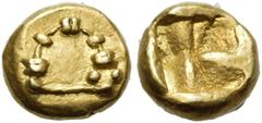 The Jonathan H. Kagan Collection of Ancient Greek Coins IONIA. Uncertain mint. Circa 600-550 BC. 1/48 Stater (Electrum, 5 mm, 0.35 g). Fibula ornamented with two single and three double spacers on the