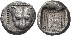 The Jonathan H. Kagan Collection of Ancient Greek Coins ISLANDS OFF IONIA, Samos. Circa 512 BC. Triobol (Silver, 10.5 mm, 1.57 g, 6 h). Head of panther facing within dotted square frame. Rev. Head of 