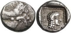 The Jonathan H. Kagan Collection of Ancient Greek Coins CARIA, Dynasts of Caria. Orou, Circa 450-400 BC. Hemidrachm (Silver, 13 mm, 2.92 g, 6 h), Aigenetan standard, Uncertain Mint 'G'. Forepart of wi