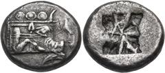 The Jonathan H. Kagan Collection of Ancient Greek Coins LYCIA. Phaselis. Circa 530-500 BC. Stater (Silver, 20.5 mm, 10.73 g). Prow of galley to right in the form of the forepart of a boar, with three 