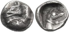 The Jonathan H. Kagan Collection of Ancient Greek Coins DYNASTS OF LYCIA. Uncertain dynast, circa 500-470/60 BC. Hemiobol (Silver, 6.8 mm, 0.29 g, 6 h). Forepart of a boar to left. Rev. Head and neck 