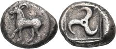 The Jonathan H. Kagan Collection of Ancient Greek Coins DYNASTS OF LYCIA. Limyra(?). Kuprili, circa 440-480 BC. Stater (Silver, 20 mm, 9.59 g). Goat standing left; above, round shield(?). Rev. Triskel
