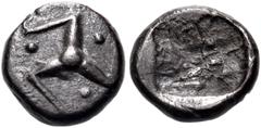 The Jonathan H. Kagan Collection of Ancient Greek Coins PAMPHYLIA. Aspendos. 5th century BC. Hemiobol (Silver, 8 mm, 0.46 g). Triskeles, with a large, central pellet and a pellet between each leg, run