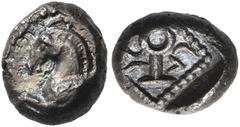 The Jonathan H. Kagan Collection of Ancient Greek Coins CILICIA. Tarsos. 425-400 BC. Obol (Silver, 7.2 mm, 0.77 g, 9 h). Forepart of Pegasos to left. Rev. 'nrgl' (Ner-gal in Aramaic) Persian dynastic 