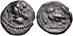 The Jonathan H. Kagan Collection of Ancient Greek Coins CILICIA. Uncertain mint. Circa 385-375 BC. Obol (Silver, 10 mm, 0.58 g, 6 h). Bearded male head to right (Ares?), wearing a crested Attic helmet