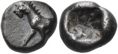 The Jonathan H. Kagan Collection of Ancient Greek Coins ASIA MINOR. Uncertain mint. 5th century BC. Obol (Silver, 8 mm, 0.87 g). Forepart of feline-like creature, with a spikey mane on its neck, walki