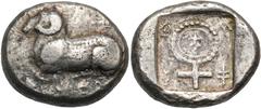 The Jonathan H. Kagan Collection of Ancient Greek Coins CYPRUS. Salamis. Euelthon, circa 530/15-480. Stater (Silver, 22 mm, 11.11 g, 6 h). e-u-we-le-to-to-se (in Cypriot script) Ram recumbent left. Re