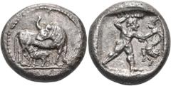 The Jonathan H. Kagan Collection of Ancient Greek Coins PHILISTIA (PALESTINE). Uncertain mint. Baana, Late 5th century BC. Stater (Silver, 21 mm, 10.55 g, 9 h). Cow standing to right on groundline, he