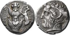 The Jonathan H. Kagan Collection of Ancient Greek Coins KYRENAIKA. Kyrene. Circa 410 BC. Tetradrachm (Silver, 24 mm, 12.94 g, 6 h). ΑΡΙΣ-ΤΟ-Μ-Η-ΔΕ-ΟΣ Silphium plant with four leaves (two on each side)