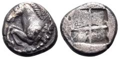 Greek THRACE. Maroneia. Circa 495/90-449/8 BC. Triobol (Silver, 11.5 mm, 1.77 g). Forepart of a horse to left. Rev. Quadripartite incuse square. HGC 3.2, 1521 corr. (no obverse legend). May, Maroneia,