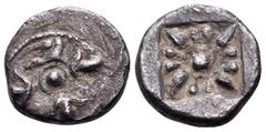 Greek MACEDON. "Stagira". Diobol (Silver, 11 mm, 1.18 g). At the center, large pellet within a circle; around, to left, right and below, lotus flower; above, horse protome to left. Rev. Floral ornamen