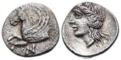 Greek AKARNANIA. Anaktorion. Circa 330-300 BC. Triobol or Hemidrachm (Silver, 12 mm, 1.20 g, 8 h). Forepart of Pegasos to right, AN monogram below. Rev. Laureate head of Apollo to right, with long, fr