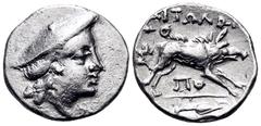 Greek AITOLIA, Aitolian League. Circa 205-150 BC. Triobol (Silver, 15,5 mm, 2.37 g, 11 h), circa 170-160. Head of Aetolia to right, wearing kausia. Rev. AITΩΛΩN Calydonian boar right above ΠΟ; behind,