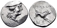 Greek AITOLIA, Aitolian League. Circa 205-150 BC. Triobol (Silver, 16 mm, 2.48 g, 6 h), circa 170-160. Head of Aetolia to right, wearing kausia. Rev. AITΩΛΩN Calydonian boar right above monograms of M