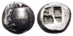 Greek ISLANDS OFF ATTICA, Aegina. Circa 535/0-525/0 BC. Obol (Silver, 7 mm, 0.97 g). Sea turtle, head in profile. Rev. Quadripartite incuse square with diagonal dividing line. Wartenberg, "A Hoard of 