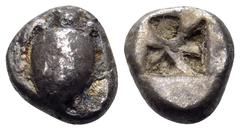 Greek ISLANDS OFF ATTICA, Aegina. Circa 510-490 BC. Obol (Silver, 8 mm, 1.03 g). Sea turtle, head in profile. Rev. Incuse square with 'Union Jack' design. Wartenberg, "A Hoard of Archaic Obols of Aegi