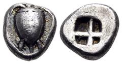 Greek ISLANDS OFF ATTICA, Aegina. Circa 510-490 BC. Obol (Silver, 8 mm, 1.04 g). Sea turtle, head in profile. Rev. Quadripartite incuse square. Wartenberg, "A Hoard of Archaic Obols of Aegina (Coin Ho