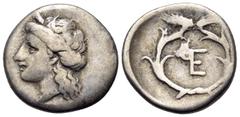 Greek ARGOLIS. Hermione. Circa 360-320/10 BC. Triobol or Hemidrachm (Silver, 15 mm, 2.58 g, 11 h). Head of Demeter to left, with rolled hair and wearing grain wreath. Rev. EP monogram within wreath of
