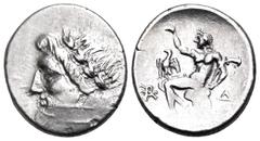 Greek ARKADIA, Arkadian League. Megalopolis. Circa 175-168 BC. Triobol (Silver, 15,5 mm, 2.36 g, 1 h). Laureate head of Zeus to left. Rev. Pan seated left on rock, his right hand raised and holding la