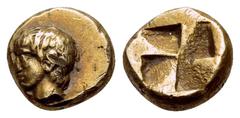 Greek MYSIA. Kyzikos. Circa 450-330 BC. 1/24 Stater (Electrum, 6.5 mm, 0.64 g). Youthful male head to left; below, tunny swimming to left. Rev. Quadripartite incuse square. Hurter & Liewald 143. Cf. S