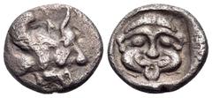 Greek CARIA. Uncertain mint. Circa 500-450 BC. Diobol (Silver, 11 mm, 1.24 g, 12 h). Winged bull forepart to right. Rev. Gorgoneion facing with protruding tongue; all within incuse square. HN Online 1