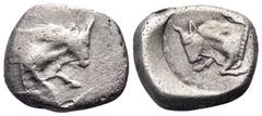 Greek CARIA. Uncertain mint D. Circa 5th century BC. Triobol (Silver, 13 mm, 2.04 g, 6 h). Forepart of bull to right. Rev. Forepart of bull to left, within round incuse. Cf.HNO 2613 (denomination). Cf
